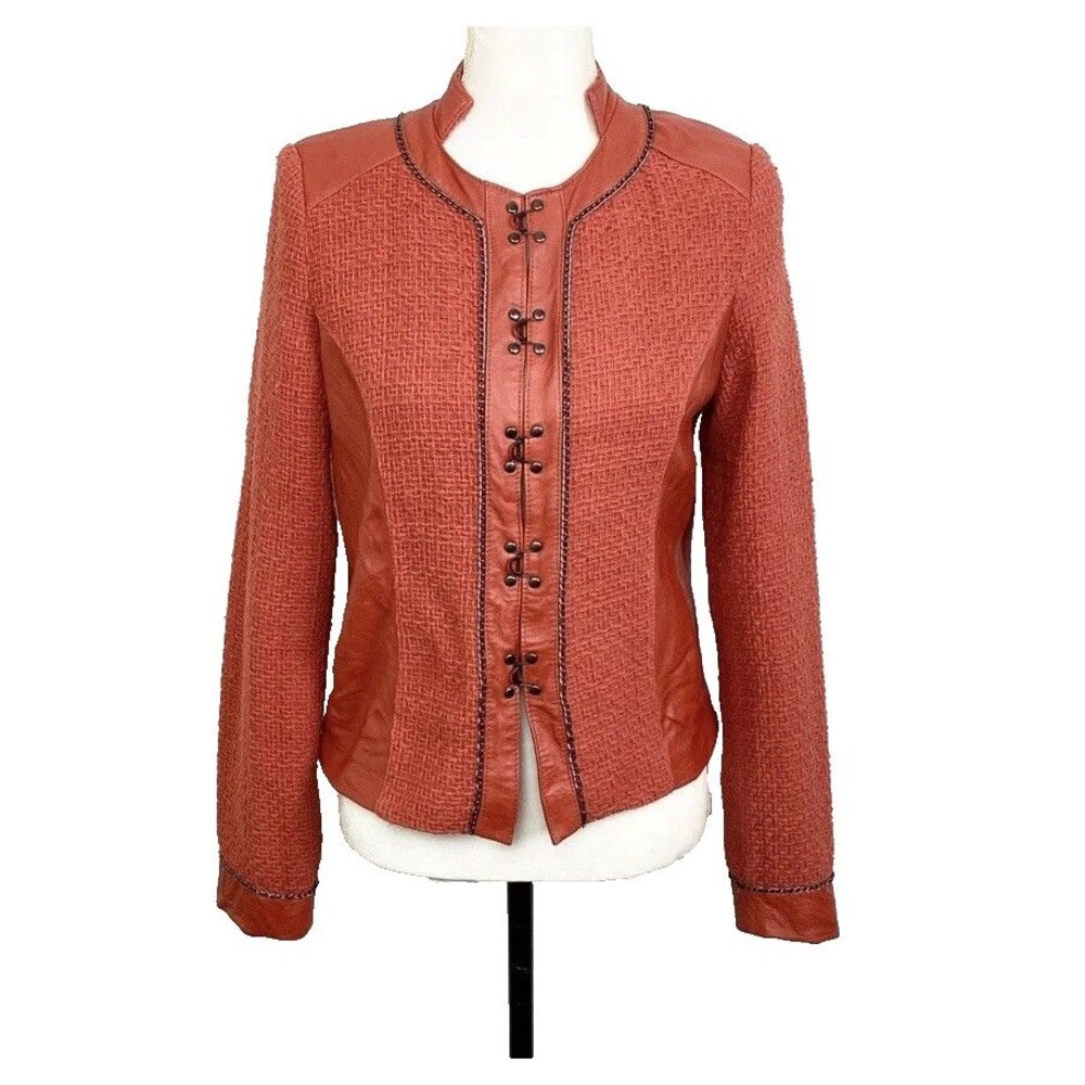 Bagatelle Size Small Textured Tweed Leather Edgy Chain Detail Orange Jacket